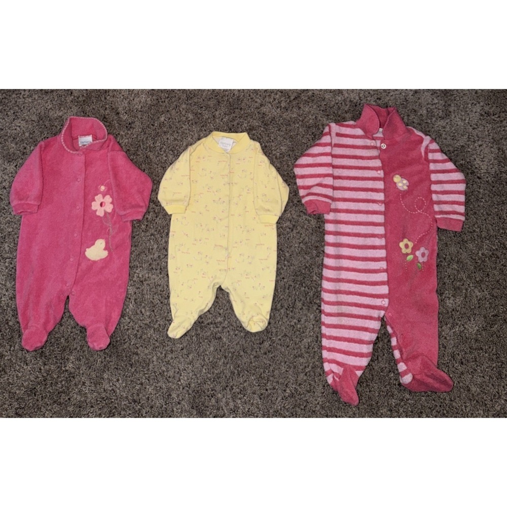 3 Vintage Carter's Terry Cloth/Cotton Sleeper's Pink Flowers 0-3/3-6 M Bundle